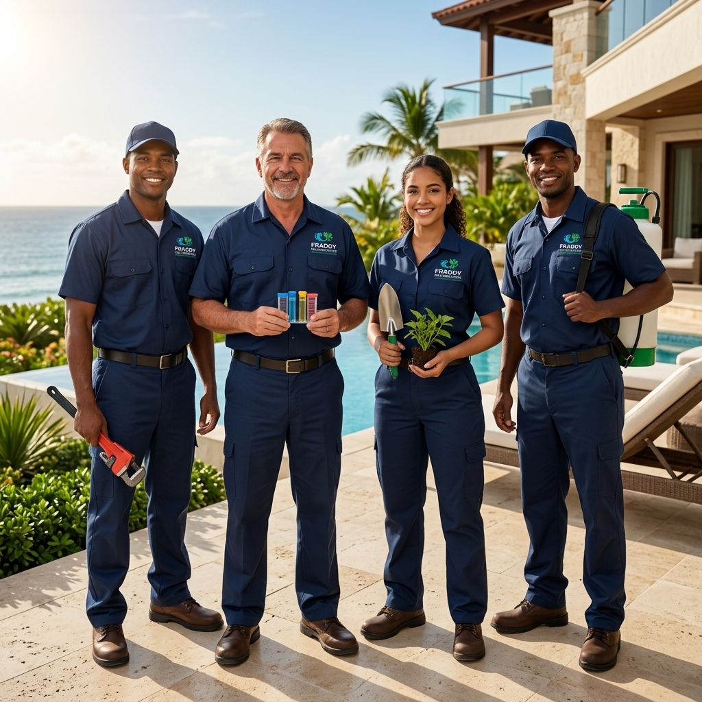 Equipo profesional de Multiservicio Fraddy: expertos en piscinas, jardinería, plomería y control de plagas en Cap Cana